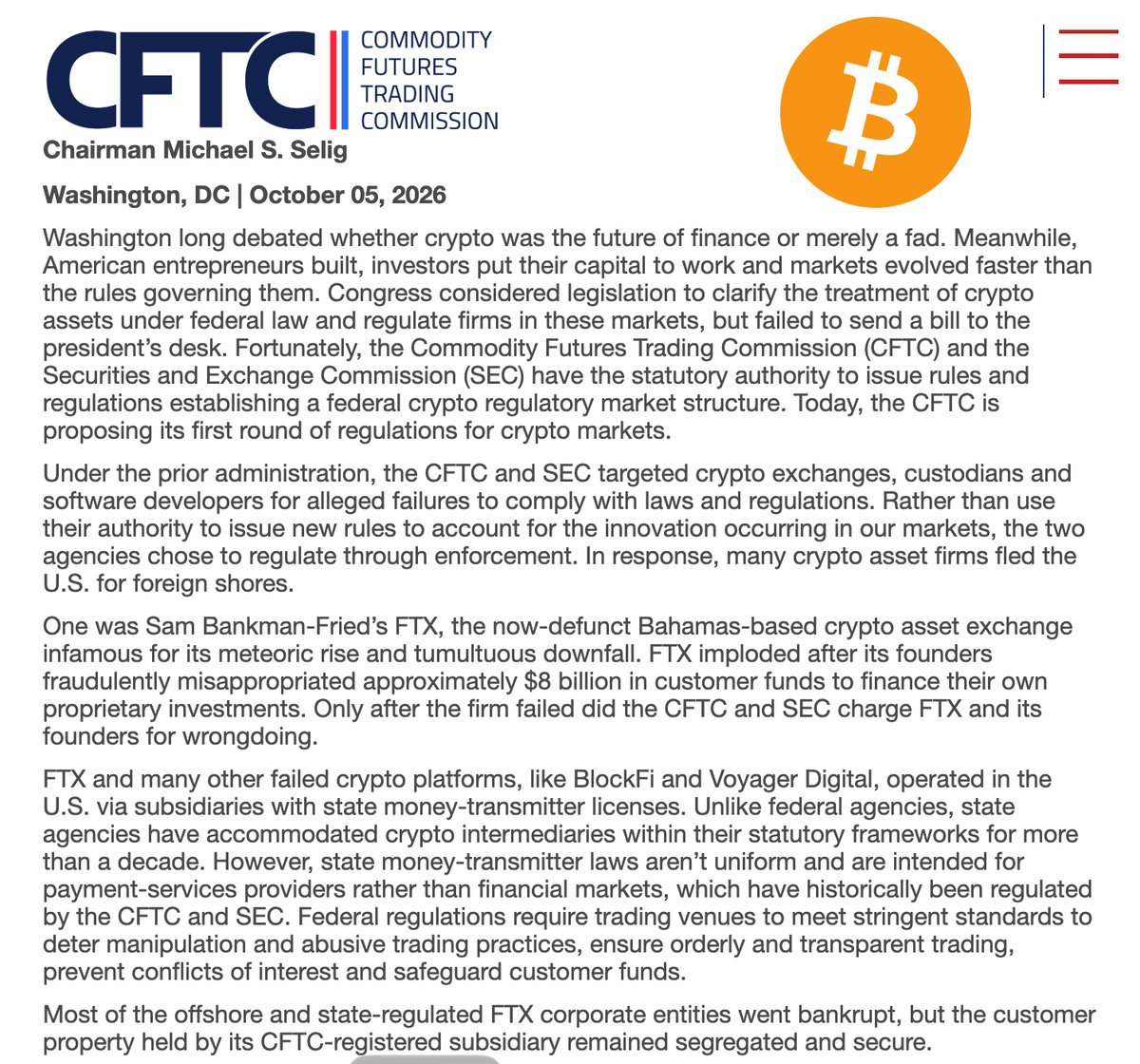 BitcoinMagazine's tweet photo. JUST IN: 🇺🇸 CFTC proposes rules to regulate U.S. crypto markets.

"Today’s action is just the beginning...America can lead the next generation of financial technology without repeating the mistakes of the last one." 👏 https://t.co/jTL52Aqhbi