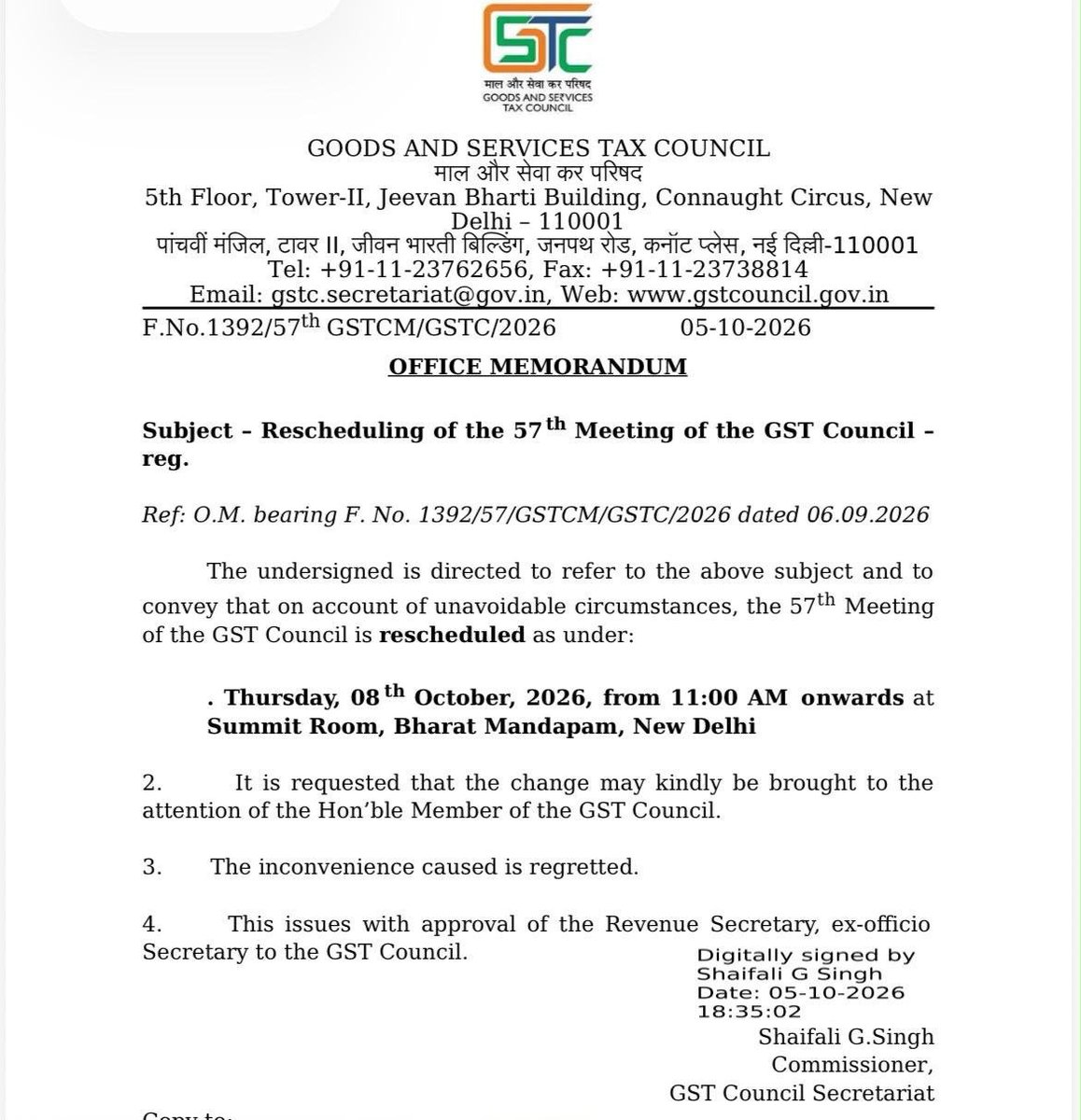 TimsyJaipuria's tweet photo. Govt reschedules GST Council meeting. Meeting to now happen on 8th Oct
@TheNewsconomy @theicai @icsi_cs @ICMAICMA #GST https://t.co/Kfnmj376nO