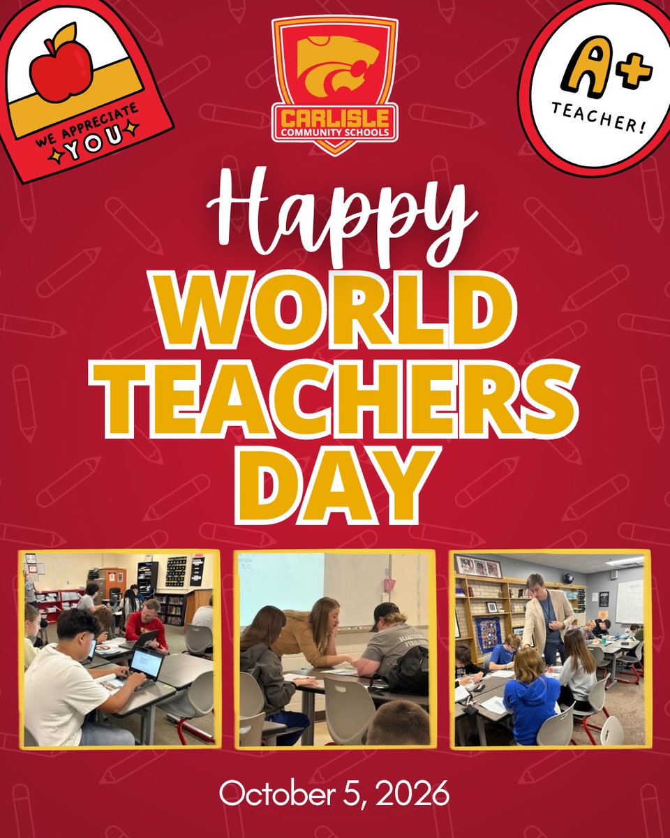 carlisle_csd's tweet photo. Today is World Teachers Day, honoring the important work of educators everywhere. They have an incredible ability to inspire a love of learning and help students see what they are capable of achieving. 

We’re proud to celebrate and thank our wonderful teachers! 🌎📚 https://t.co/3lcy0of5bN