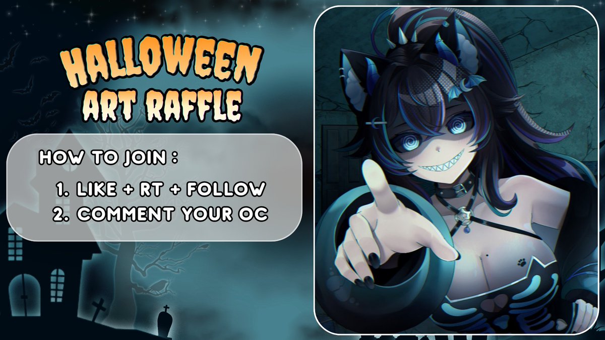 itsraeart's tweet photo. ‼️HALLOWEEN ART RAFFLE‼️

1 winner will receive a creepy skeb halfbody!

How to join :
🖤 Follow + like + RT (no QRT)
🖤 Reply with your spooky OC

ends October 9st 🎃
good luck &amp; stay spooky!! 

#artraffle #artgiveaway #halloween https://t.co/QegQi037Wi
