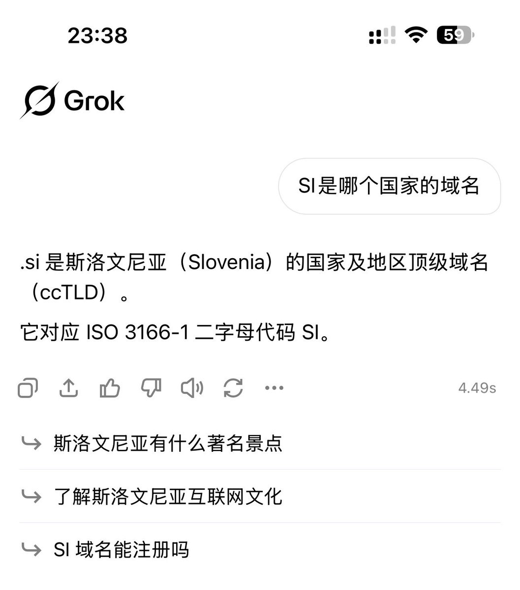 Bryan_Explorer's tweet photo. 终于来了。马斯克 10 月 4 日在 X 上回复用户时说，SpaceXAI 会改成 SpaceXSI。他当天还发过 “No more AI. SI. It’s better”，并称SpaceX 是一家 super intelligence 公司。SI 指 Super Intelligence（超智能）。

.ai 域名是加勒比海的小岛安圭拉的，.SI 是斯洛文尼亚（Slovenia）的。

.si 近年因为被当成 “superintelligence” 的缩写，投机注册变多，但标价仍远低于 .ai。溢价主要在二手市场上，不是注册费。