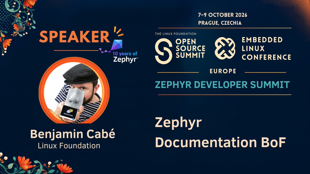 ZephyrIoT's tweet photo. Join Benjamin Cabé for the Zephyr Documentation BoF at the Zephyr Developer Summit in Prague. Catch up on recent improvements, share your feedback, and help shape documentation priorities for the year ahead. https://t.co/F81qTLIKn1 https://t.co/mBUTzdnz9k