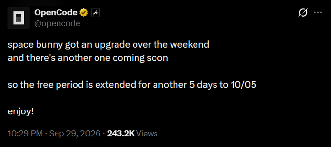 A tweet from OpenCode (@opencode) dated September 29, 2026, announcing that "space bunny" received an upgrade over the weekend with another coming soon, extending the free period by 5 days to 10/05. The post relates to speculation about the "space bunny" model's identity, suggesting it may be a MiniMax M3.1 variant being tested before its official reveal.