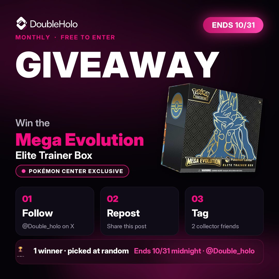 double_holo's tweet photo. 🎉 NEW MONTHLY GIVEAWAY! 

Win a Mega Evolution Pokemon Center Elite Trainer Box, on us.

Every month we give back to the collectors who make @Double_holo what it is. Here's how to enter:

✅ Follow @Double_holo
🔁 Repost this post 
🏷️ Tag 2 collector friends

1 winner, picked at random. Entries close 10/31 at midnight - winner announced right here.

Collect smarter. Save more. 💎

#Pokemon #PokemonTCG #Megaevolution #PokemonGiveaway #TCG