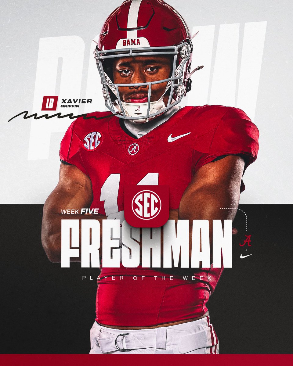 AlabamaFTBL's tweet photo. SEC Freshman Player of the Week! 👊

🏈 @zay_social https://t.co/qU7ol5gYdt