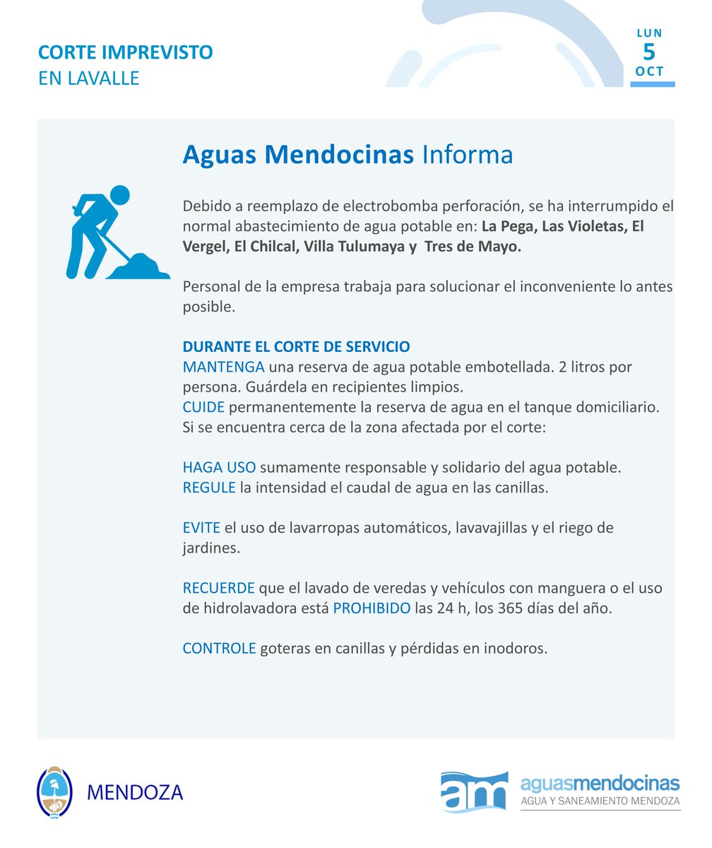 AguasMendocinas's tweet photo. ‼️#CorteDeAguaPotable IMPREVISTO en #Lavalle https://t.co/5J5nurDvA9