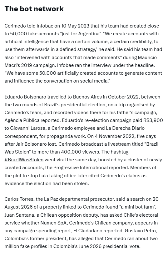 YourAnonCentral's tweet photo. "We create accounts with artificial intelligence that have a certain volume, a certain credibility, to use them afterwards in a defined strategy,"

Worked for:
Jair Bolsonaro in Brazil 
Javier Milei in Argentina 
Nasry Asfura in Honduras
Rodrigo Paz in Bolivia https://t.co/X90GSjkCcx