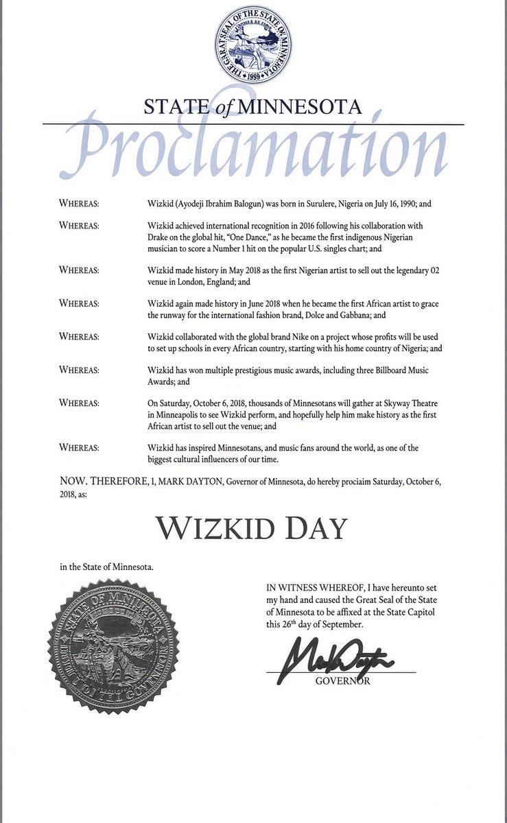 Autocra17's tweet photo. Tomorrow, October 6, is Wizkid Day. 🦅❤️
In 2018, then-Minnesota Governor Mark Dayton officially proclaimed October 6 as Wizkid Day, honouring the Starboy’s global impact and historic run.
From becoming the first Nigerian artist to reach No. 1 on the Billboard Hot 100 with “One Dance,” to selling out rooms across the world, the day was set aside to celebrate a culture shifter.