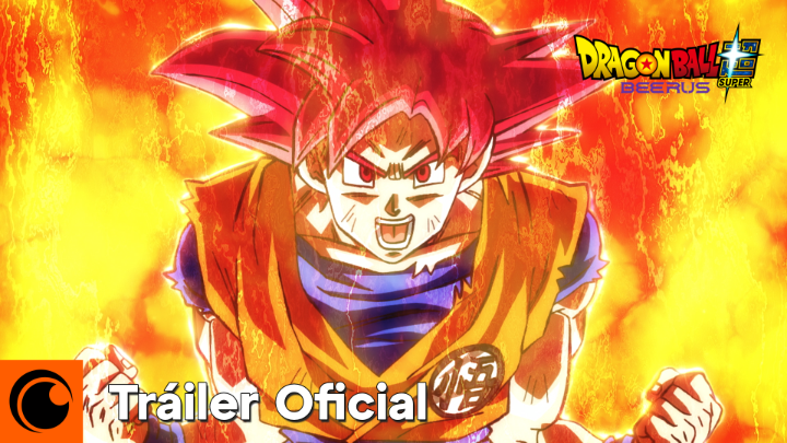 The image shows Goku in his Super Saiyan God form with crimson hair and aura, featured as promotional art for the "Dragon Ball Super: Super Hero" film, with "Tráiler Oficial" (Official Trailer) text overlaid at the bottom. This relates to the post by showing the long-awaited return of the red-haired Super Saiyan God transformation, which the post celebrates as a correction to Dragon Ball Super's earlier oversight.