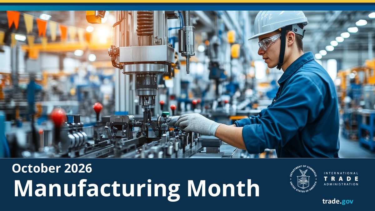TradeGov's tweet photo. ⚙️ Happy Manufacturing Month 🏭!

Manufacturing is an industry defined by ingenuity and innovation. Its impact is felt every day as it contributes $2.9 trillion to the U.S. economy, employs nearly 12.9 million American workers, and accounts for 11% of U.S. Gross Domestic Product. For ITA, this occasion also means underscoring our support for U.S. manufacturers as they compete and win around the globe!

Learn more with ITA’s Manufacturing Month resources: https://t.co/mKxBMUlton

#ManufacturingMonth