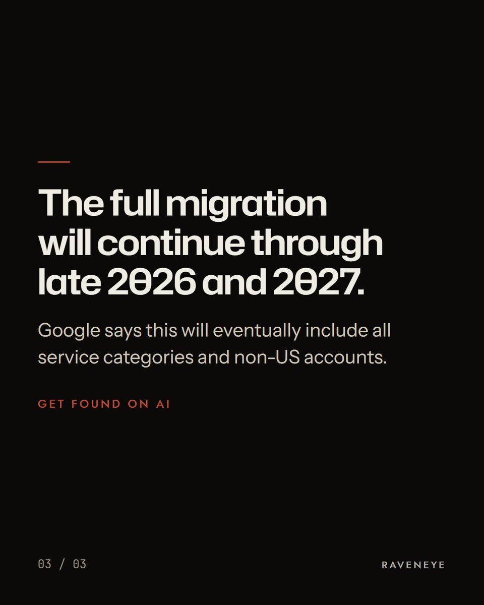 Raveneyeglobal's tweet photo. Using Google Local Services Ads in the US? Google Ads Help says they are moving to Performance Max campaigns with pay-per-lead goals. A first phase for select services like plumbing and HVAC began in August, with more to follow in late 2026 and 2027.

#aisearch https://t.co/7dFUpkASV6