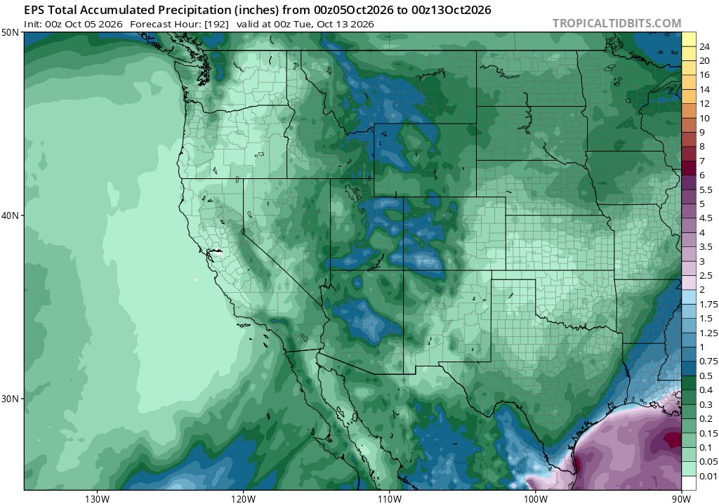 o41036's tweet photo. It’s looking more likely that a trough will develop over the Pacific Northwest and head southward around Sunday-Monday. Some moisture will be drawn into the Southwestern U.S. from tropical storm Rachel, increasing the chance of some showers and thunderstorms. 
Essentially all locations in the west will see a significant cooldown, even CA which is dealing with an unusually late-season heatwave. In fact, temperatures may fall below average next week in much of the west.
For NorCal and the Northwest, this doesn’t look like a good set-up for rainfall. In fact, given the low pressure area will center itself inland, this may lead to a dry offshore wind event, which is not ideal at all in a fire-weather perspective. 
Antecedent conditions in NorCal are very dry right now. They’ve seen very little rain since May (which isn’t unusual). However, I’m a bit concerned that this anomalous heatwave is drying out brush, increasing their flammability. An offshore wind event would increase the odds of fire starts, but also increase the chance that wildfires will rapidly spread from northeast to southwest if they start. Given we’re a week out from this event, it’s unclear how strong offshore winds will be. It’s also not guaranteed a fire will start even if offshore winds are strong.
