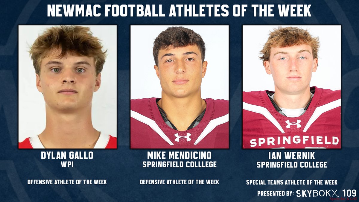 NEWMACsports's tweet photo. NEWMAC Football Weekly Report #5 - October 5

🔗https://t.co/Rk1DNOEoo7

Offensive Athlete of the Week - Dylan Gallo, WPI

Defensive Athlete of the Week - Michael Mendicino, Springfield

Special Teams Athlete of the Week - Ian Wernik, Springfield https://t.co/r6KBF2GxHJ