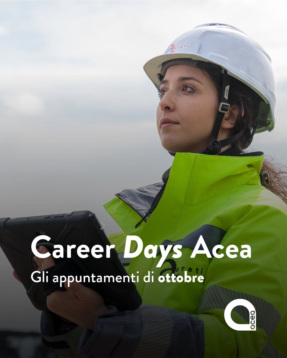 AceaGruppo's tweet photo. Vuoi scoprire le nostre opportunità professionali e confrontarti con il team HR?
Vieni a trovarci ai prossimi Career Days di ottobre:

📅 6 ottobre – AL Lavoro Roma
📍 Roma

📅 14 ottobre – Career Day Università di Roma Tor Vergata – XIX edizione
📍 Roma

📅 14 ottobre – International Job Fair
📍 Napoli

📅 20 ottobre – Job Meeting Roma
📍 Roma

📅 26-27 ottobre – Career Day Università degli Studi di Napoli Parthenope
📍 Napoli

📅 27 ottobre – Job Festival dell’Università Vanvitelli

Il tuo percorso professionale potrebbe iniziare qui. Ti aspettiamo!

#Acea #CareerDaysAcea #LavoraConNoi