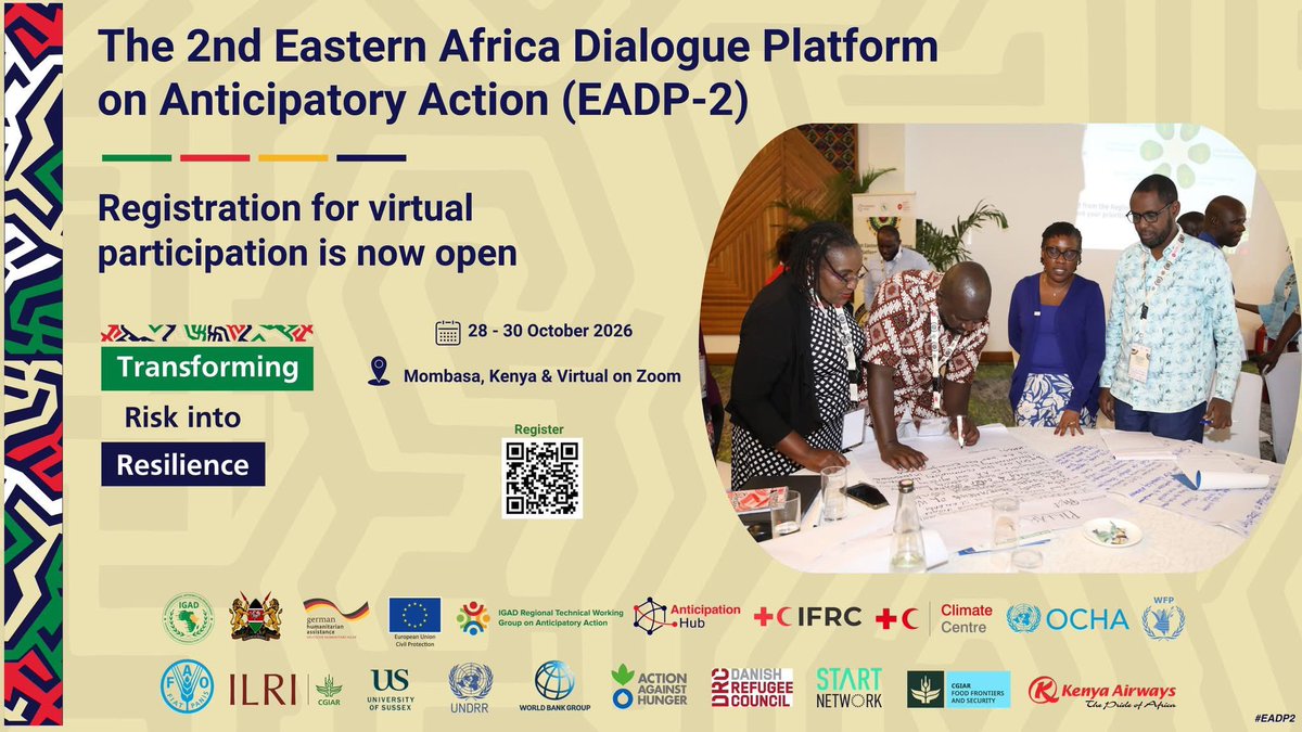 NyangePatience's tweet photo. 📢 Virtual registration for #EADP2 is now open!

Join us and be part of the conversation on transforming risk into resilience &amp; advancing #AnticipatoryAction across Eastern Africa.

🗓️ 28–30 October 2026
💻 Online via Zoom

Register: https://t.co/Yt8H6yvlzr https://t.co/8jjKPV6MWq