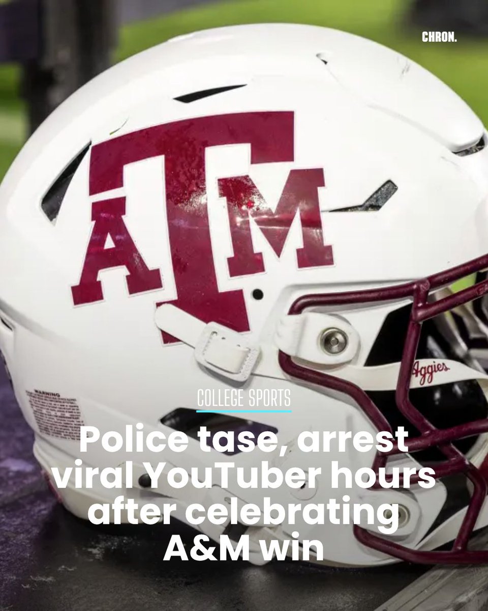 chron's tweet photo. ��️ YouTube star BenDaDonnn went from celebrating with Texas A&M players to getting arrested hours later.
Police say he was tased while officers were clearing out Northgate after the Aggies’ win.
Read more at https://t.co/k6lJMzWtIe
#texasam #collegefootball https://t.co/Ds6idAigW6