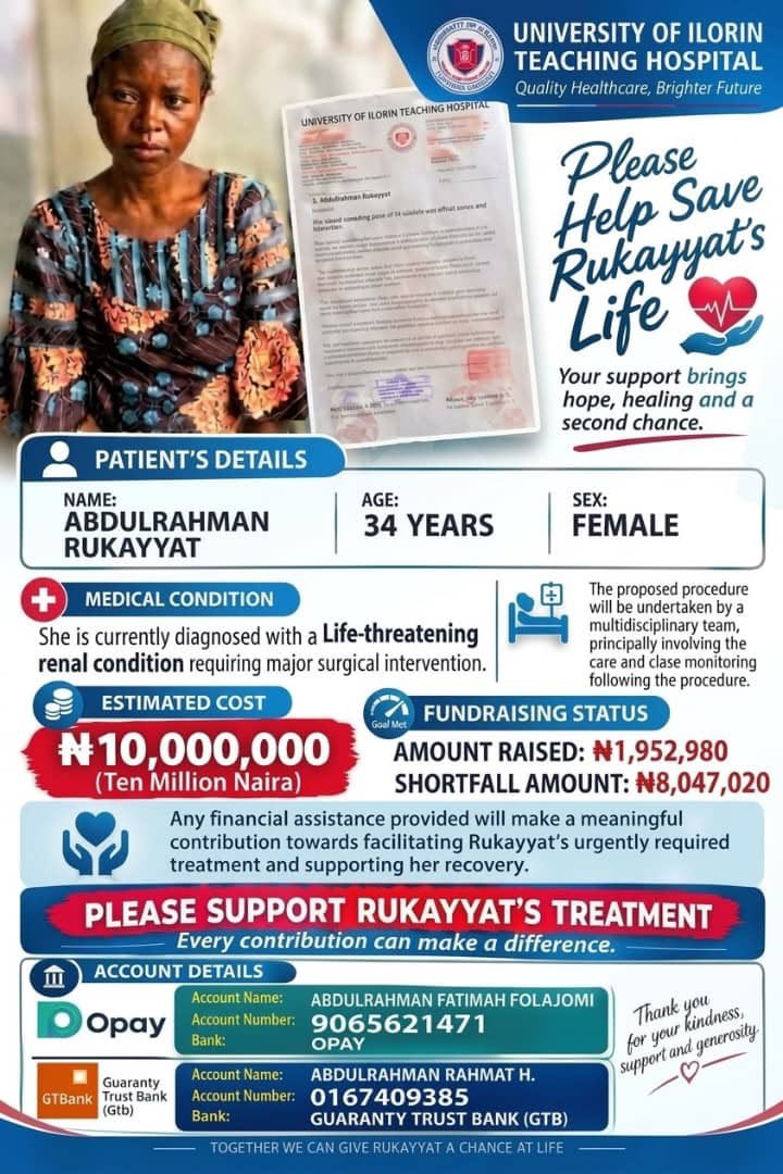 insideilorin_'s tweet photo. 🚨 URGENT: PLEASE HELP SAVE RUKAYYAT’S LIFE ❤️

34-year-old Rukayyat is battling a life-threatening kidney condition and urgently needs major surgery at UITH.

💰 Treatment: ₦10M
✅ Raised: ₦1,952,980
❌ Needed: ₦8,047,020

Any amount helps. If you can’t donate, please RT. 🙏🏽 https://t.co/uWjvnxjXKB