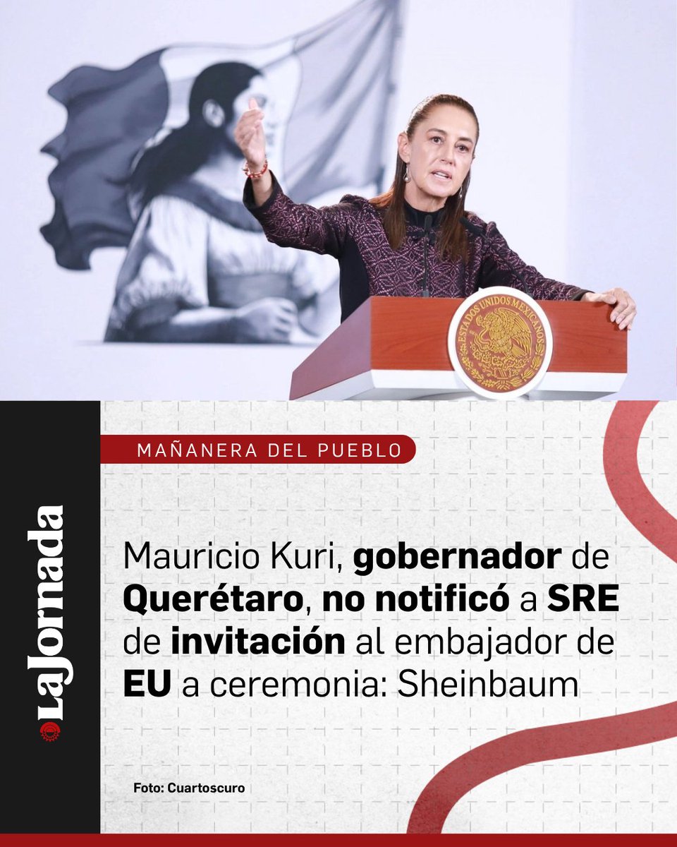 lajornadaonline's tweet photo. #MañaneraDelPueblo | La presidenta Claudia Sheinbaum expresó su extrañeza por la invitación del gobernador de Querétaro, Mauricio Kuri al embajador de Estados Unidos en México, Ronald Johnson, para colocar la primera piedra de una academia internacional para capacitación para atender la delincuencia organizada.

Subrayó que cualquier acuerdo de capacitación entre un gobierno extranjero con una administración estatal debe ser autorizado previamente por la Secretaría de Relaciones Exteriores necesariamente.

Más información en: https://t.co/MRWgU1346a