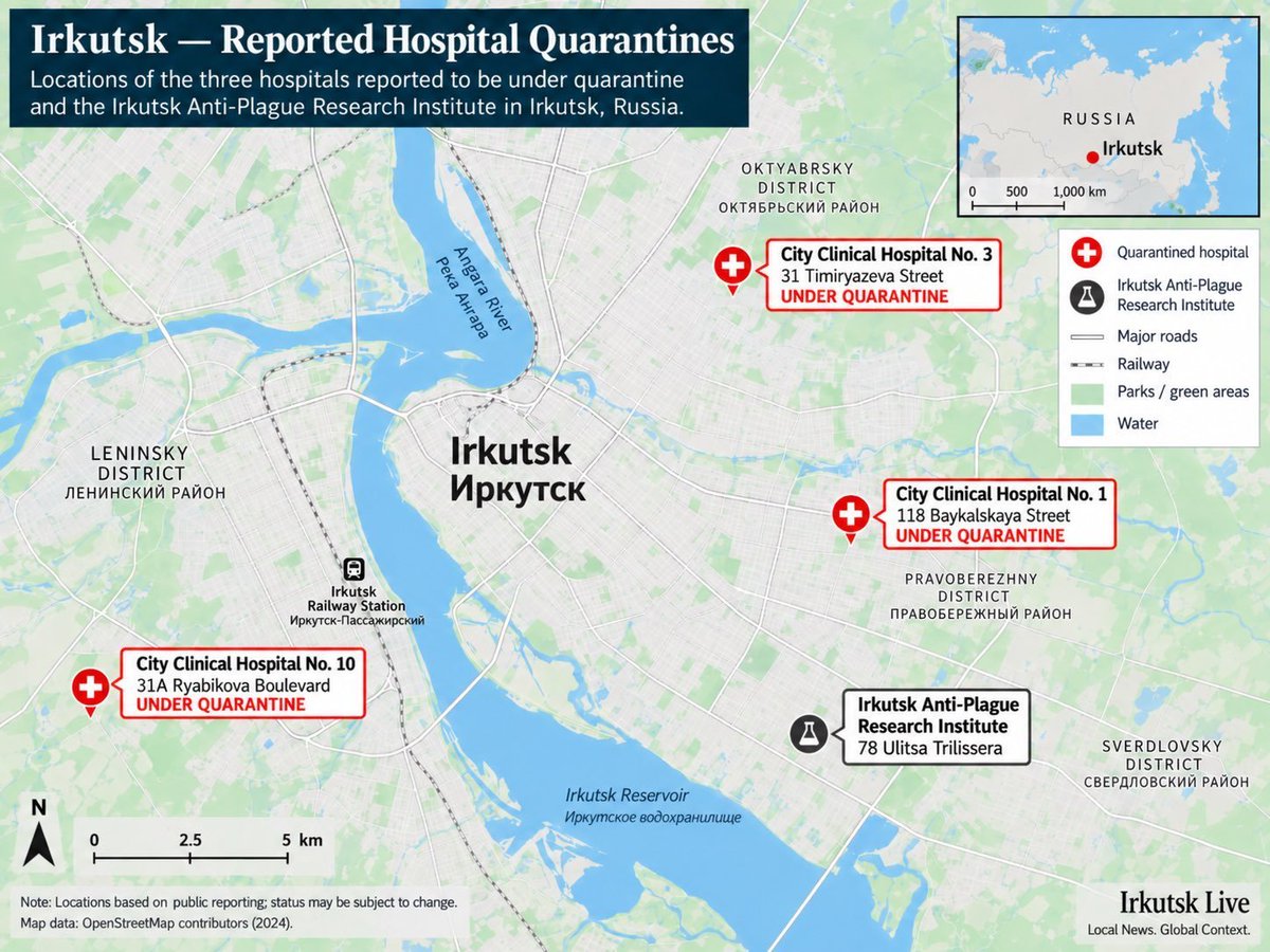 radargeo's tweet photo. O surto de peste na Rússia está piorando, agora com 5 hospitais em Irkutsk em quarentena, universidades cancelando aulas e acusações de trabalhadores da saúde de que o governo está tentando um encobrimento na mídia.

Quase 200 contatos de um trabalhador de laboratório anti-peste de 28 anos que morreu na semana passada estão supostamente em isolamento ou observação médica.

Universidades de Irkutsk estão cancelando aulas citando um “caso de peste pneumônica”, enquanto uma usina de alumínio introduziu máscaras obrigatórias. Um alerta do governo local aconselhando os residentes a não viajarem para Shelekhov foi publicado e depois deletado.

Trabalhadores da saúde afirmam que os médicos estão discutindo a peste internamente enquanto evitam o diagnóstico em documentos oficiais.

As autoridades de saúde russas continuam a negar qualquer surto de peste, atribuindo a morte da mulher a “pneumonia de origem desconhecida”.

A peste pneumônica é muito pior que sua prima Bubônica, pois é transmitida diretamente entre humanos.