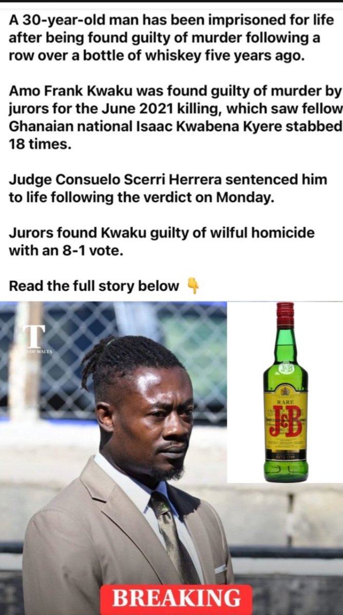 BBlacksense's tweet photo. A 30-vear-old man has been imprisoned for life after being found guilty of murder following a row over a bottle of whiskey five years ago.
Amo Frank Kwaku was found guilty of murder by 'urors for the June 2021 killing, which saw fellow Ghanaian national Isaac Kwabena Kyere stabbe https://t.co/qv0GDrROaF