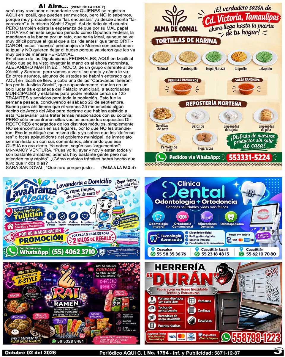 periodicoAQUI's tweet photo. #tortillasdeharina #reposterianorteña #lavanderia #clinicadental #ramen #herreria #OmarTapia #AQUICUAUTITLÁNIZCALLI
Compártelo, puede ser de utilidad para alguien.
Nuestra Edición Completa en:
https://t.co/nhsGHRaPrg https://t.co/O9a7UrQus8