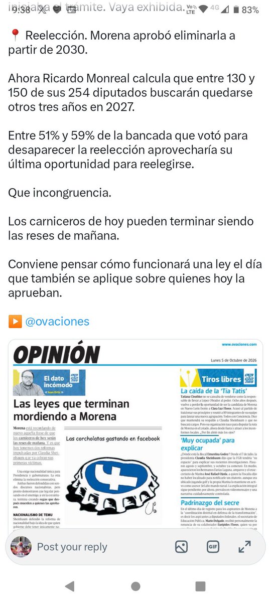 ZwolfAxel's tweet photo. @A_MontielR Estimada @A_MontielR Ariadna Montiel:

No fue @PartidoMorenaMx a través de sus @DiputadosMorena los que hicieron faramalla para evitar la REELECCIÓN ?

Y ahora se van a reelegir ?

Esa es la cuarta transformación. Mentira, hipocresía y engaño al pueblo.

#PrimeroLosPobres https://t.co/GZhyHxvgA9