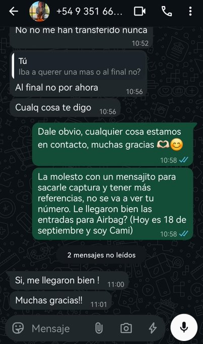Camitickets's tweet photo. Ultimas entradas para Airbag Cordoba campos a 40 mil cada una (Me las regalaron y no podemos ir)

Siempre vendo, un monton de referencias, ademas las puedo pasar primero &amp; todo.

Dejo mi wsp: 351 599 5094

airbag cordoba compro vendo busco campo livepass entrada campo https://t.co/ySHvMBEDPj