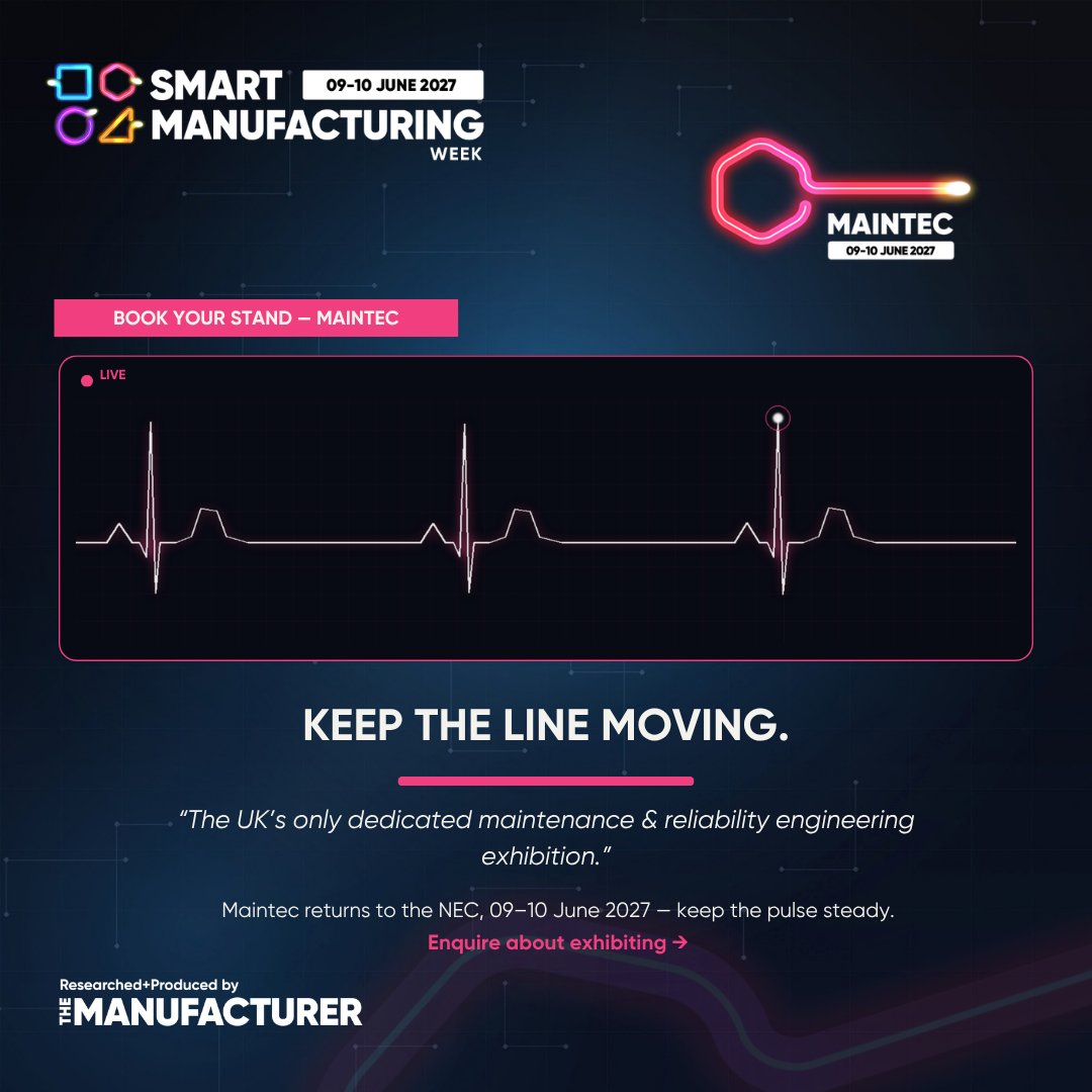 SmartMWeek's tweet photo. Keep the line moving. Maintec, the UK's only dedicated maintenance &amp; reliability engineering exhibition, returns 9–10 June 2027. 

Visitors want Machinery &amp; Plant Equipment (10.8%) and Maintenance &amp; Asset Management (7.5%). 

Book your stand → https://t.co/EqMDVI9j79 #SMW27 https://t.co/6jYjkNG62k