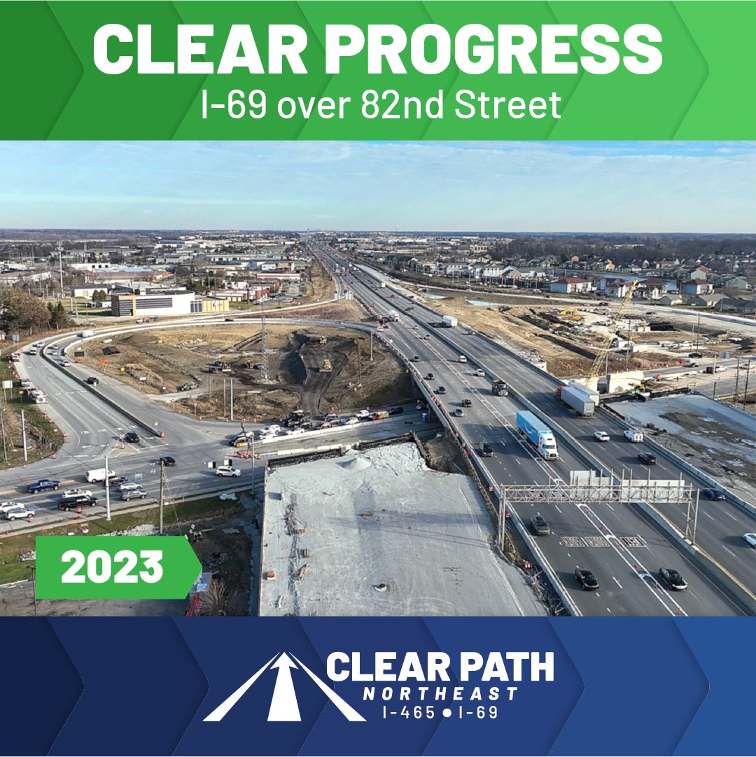 ClearPath465's tweet photo. All six NEW I-69 bridges over 82nd Street are OPEN to traffic! Crews are preparing to shift northbound I-69 to its final configuration later this year. Follow our progress at https://t.co/uCLgqUALbq. https://t.co/J8VQqIeG5m