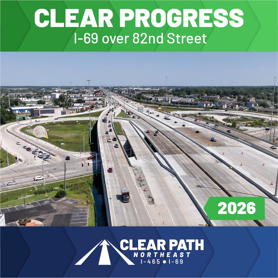 ClearPath465's tweet photo. All six NEW I-69 bridges over 82nd Street are OPEN to traffic! Crews are preparing to shift northbound I-69 to its final configuration later this year. Follow our progress at https://t.co/uCLgqUALbq. https://t.co/J8VQqIeG5m