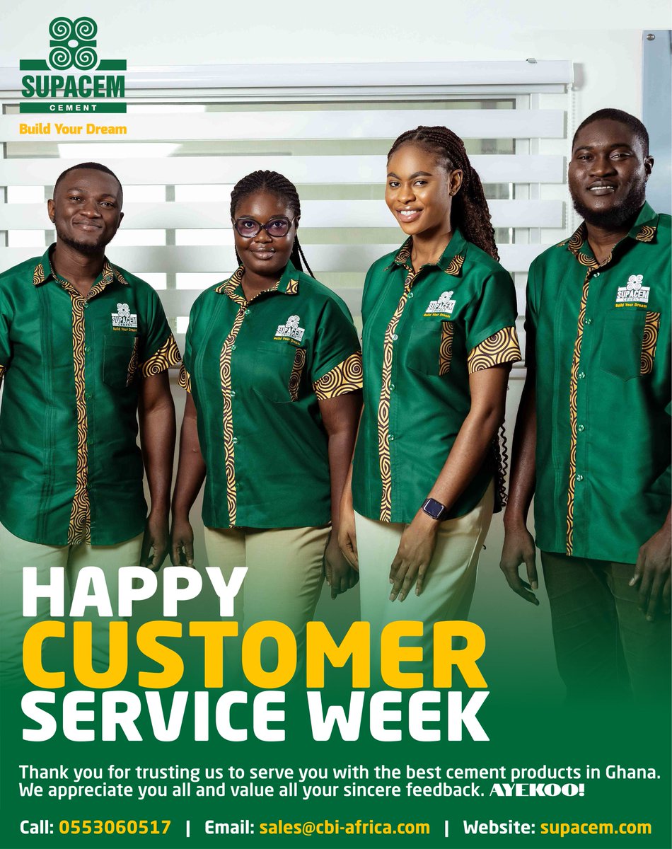 supacemghana1's tweet photo. Happy Customer Service Week! To every customer who trusts Supacem for their building projects, your feedback, support and continued trust push us to serve you better. Supacem. Build Your Dream.

Call/WhatsApp: 055 306 0517
https://t.co/CAUdlZARrr 
#Supacem #CustomerServiceWeek26 https://t.co/GnkkeKjHPD