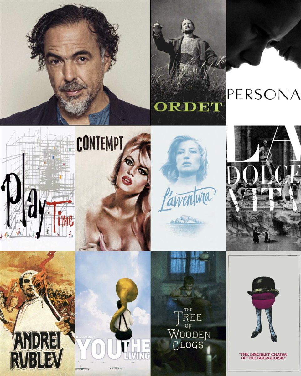 EvanAboutCinema's tweet photo. Alejandro González Iñárritu names his Top 10 Must-Watch Movies:

• Ordet (1955)
• Persona (1966)
• PlayTime (1967)
• Le Mépris (1963)
• L’Avventura (1960)
• La Dolce Vita (1960)
• Andrei Rublev (1966)
• You, the Living (2007)
• The Tree of Wooden Clogs (1978)
• The Discreet Charm of the Bourgeoisie (1972)