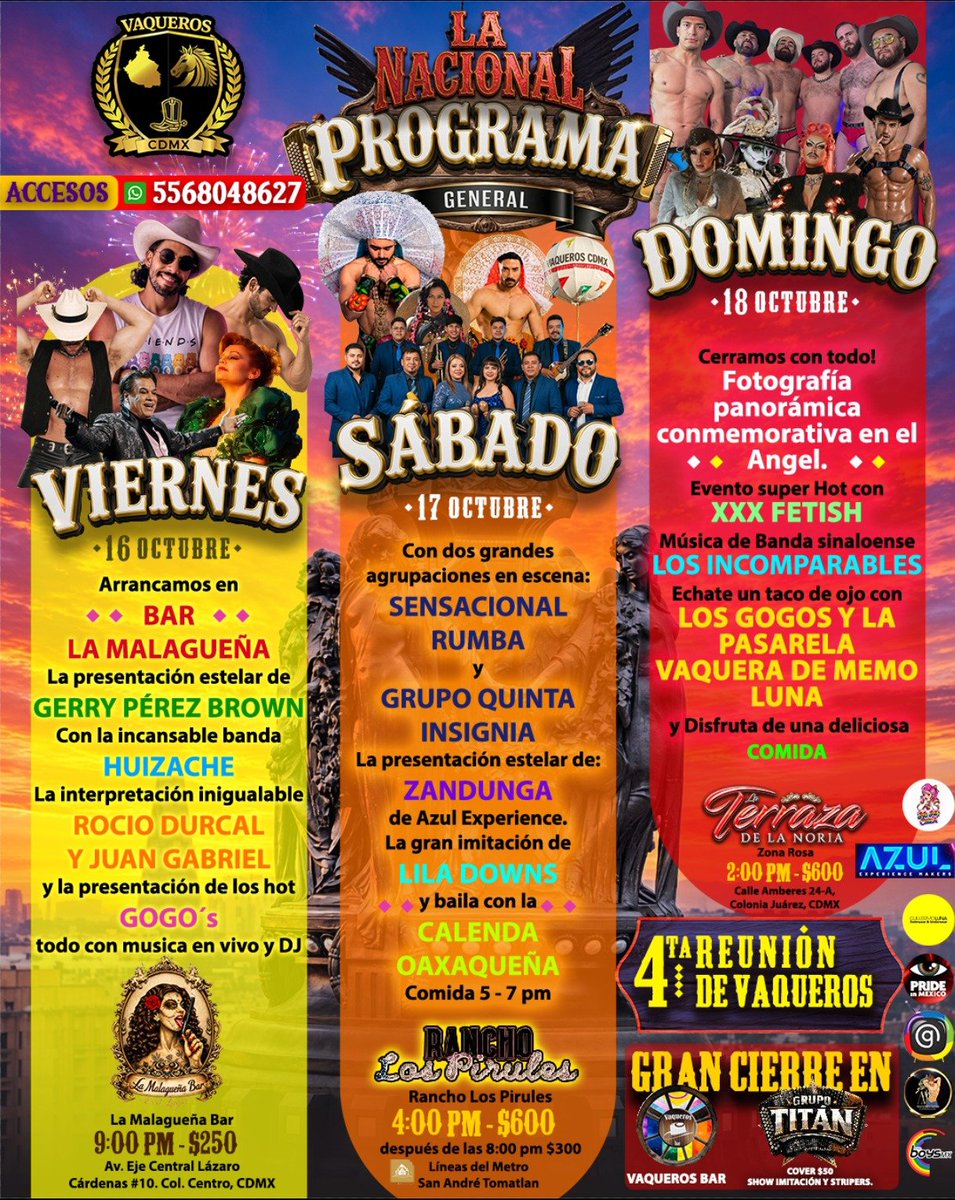 Vaqueros_Cdmx's tweet photo. 🤠🔥 ¡YA ESTÁ AQUÍ LA CARTELERA OFICIAL DE LA NACIONAL! 🔥🤠

📅 16, 18 y 19 de octubre 2026
🐎 Encuentro de Vaqueros Cdmx 2026
¡Prepárate para vivir una experiencia inolvidable!

🎟️ Adquiere tus accesos:
📲 55 6804 8627

¡LA NACIONAL TE ESPERA! 🤠🔥

#LaNacional
#Lamasesperada https://t.co/WsmfvEv15M