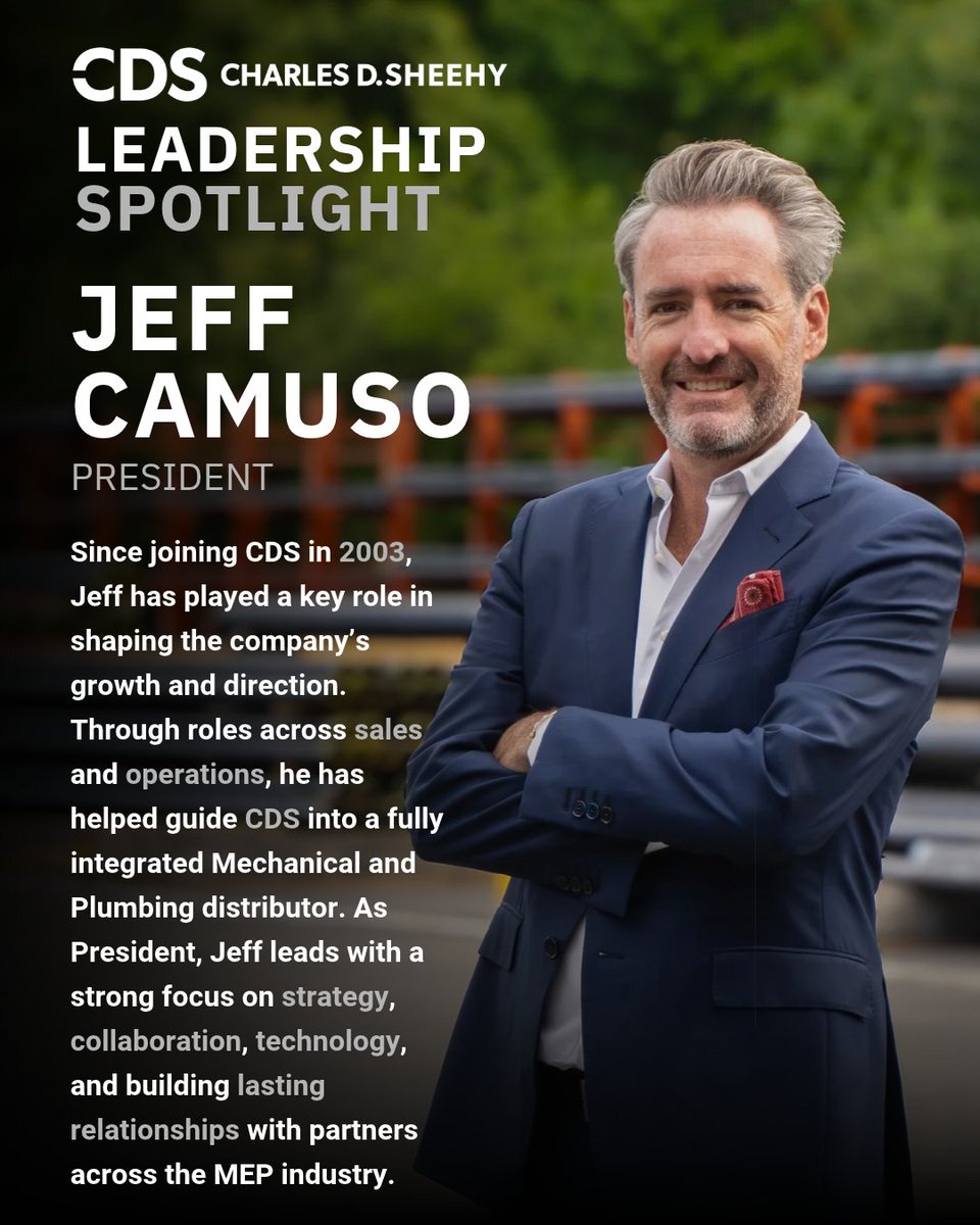 CharlesDSheehy's tweet photo. Leadership Spotlight: Jeff Camuso.

Since joining CDS in 2003, Jeff has helped shape the company across sales, operations, and now as President, leading with a focus on collaboration, technology, strong partnerships, and long-term growth.

#TeamCDS #MEP https://t.co/EEd8YUUpxf