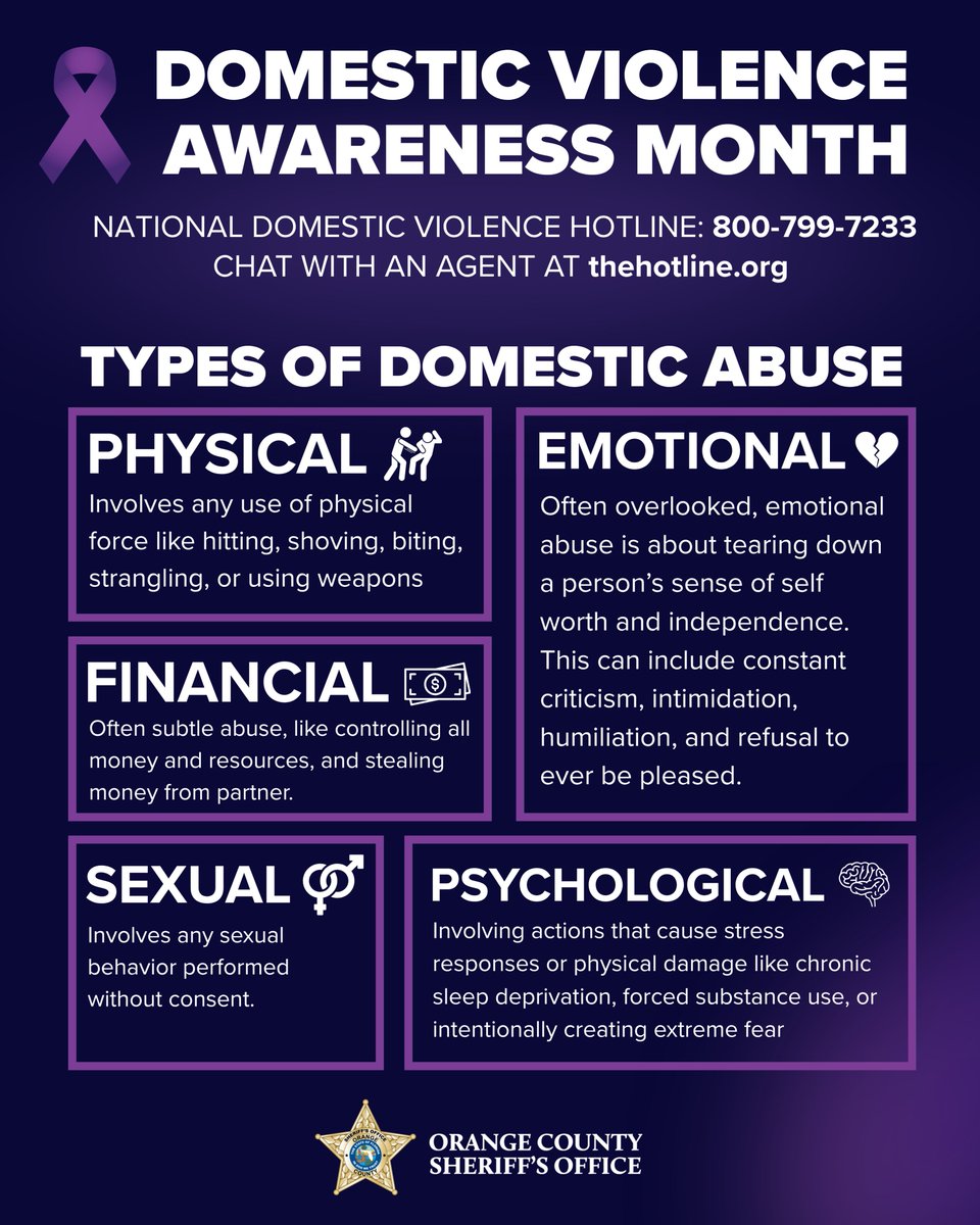 OrangeCoSheriff's tweet photo. Break the silence. Break the cycle. 💜

October is Domestic Violence Awareness Month.

If you or someone you know is experiencing abuse, support is available.
📞 Harbor House of Central Florida offers 24/7 help, safety, and hope. Please call their 24-hour crisis hotline at (407) 886-2856.
🚨 If you're in immediate danger, call 911.

You are not alone.

#DVAM #DomesticViolenceAwarenessMonth #YouAreNotAlone