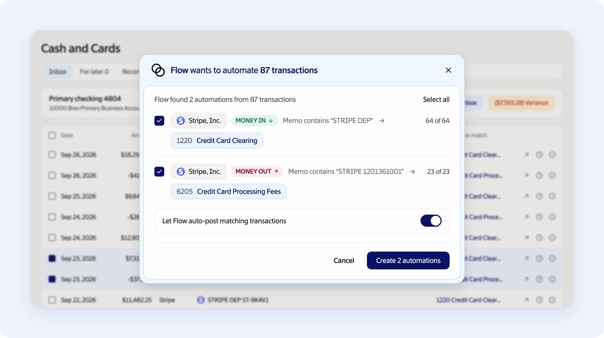 LiveFlow_com's tweet photo. Nobody likes writing categorization rules by hand.

Take Stripe: payouts and fees look almost the same, and the only difference is the money's direction and a code buried in the memo that you need to differentiate.

Flow AI now writes those rules for you. 

It spots the patterns, drafts an Automation for each one, and tags Departments, Locations, and more. 

Nothing posts until you approve it.

You can always see what Flow AI did and why, with a clear audit trail.

Your Automations now write themselves.