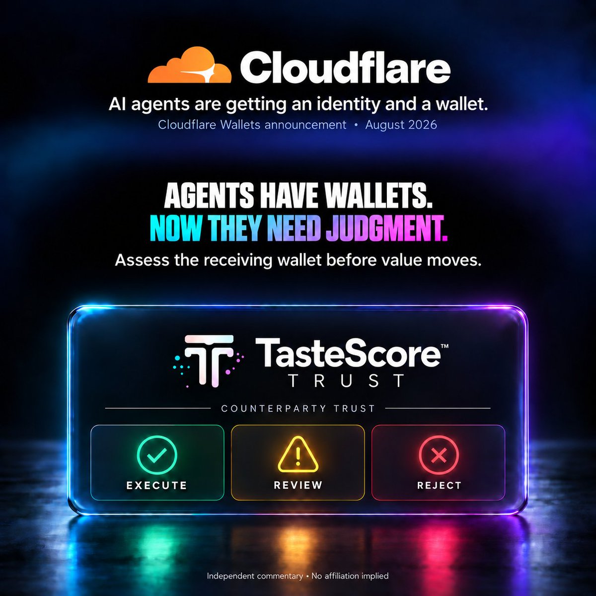 insoblokai's tweet photo. Cloudflare is giving AI agents an identity and a wallet.

But an authorized payment can still reach a risky counterparty.

TasteScore closes that decision gap: assess the receiving wallet before value moves.

EXECUTE / REVIEW / REJECT.

AGENTS HAVE WALLETS. NOW THEY NEED JUDGMENT.

$INSO #TasteScore #TrustGraph $INSO
@InSoBlokAI #AIAgents #CryptoPayments #WalletSecurity