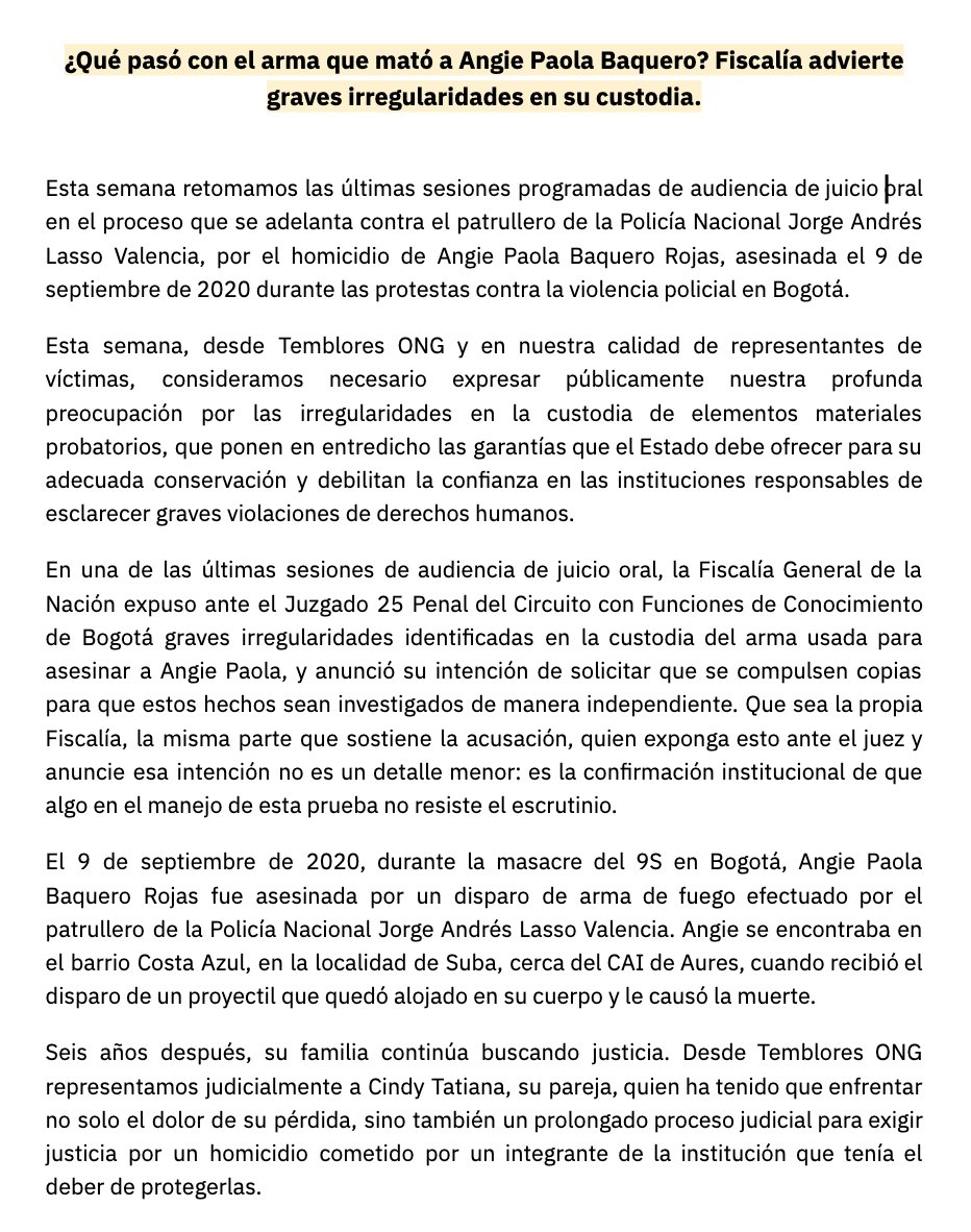 TembloresOng's tweet photo. Angie Paola fue asesinada durante el 9S. Seis años después, el arma vinculada al crimen apareció con el cañón cambiado y el proyectil recuperado de su cuerpo está perdido.
Ambas pruebas estuvieron bajo custodia estatal. Desde Temblores ONG exigimos respuestas. 👇 https://t.co/bYT2o52pGX