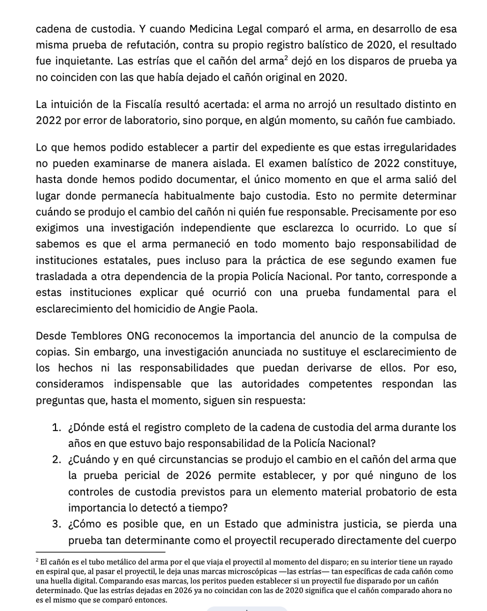 TembloresOng's tweet photo. Angie Paola fue asesinada durante el 9S. Seis años después, el arma vinculada al crimen apareció con el cañón cambiado y el proyectil recuperado de su cuerpo está perdido.
Ambas pruebas estuvieron bajo custodia estatal. Desde Temblores ONG exigimos respuestas. 👇 https://t.co/bYT2o52pGX