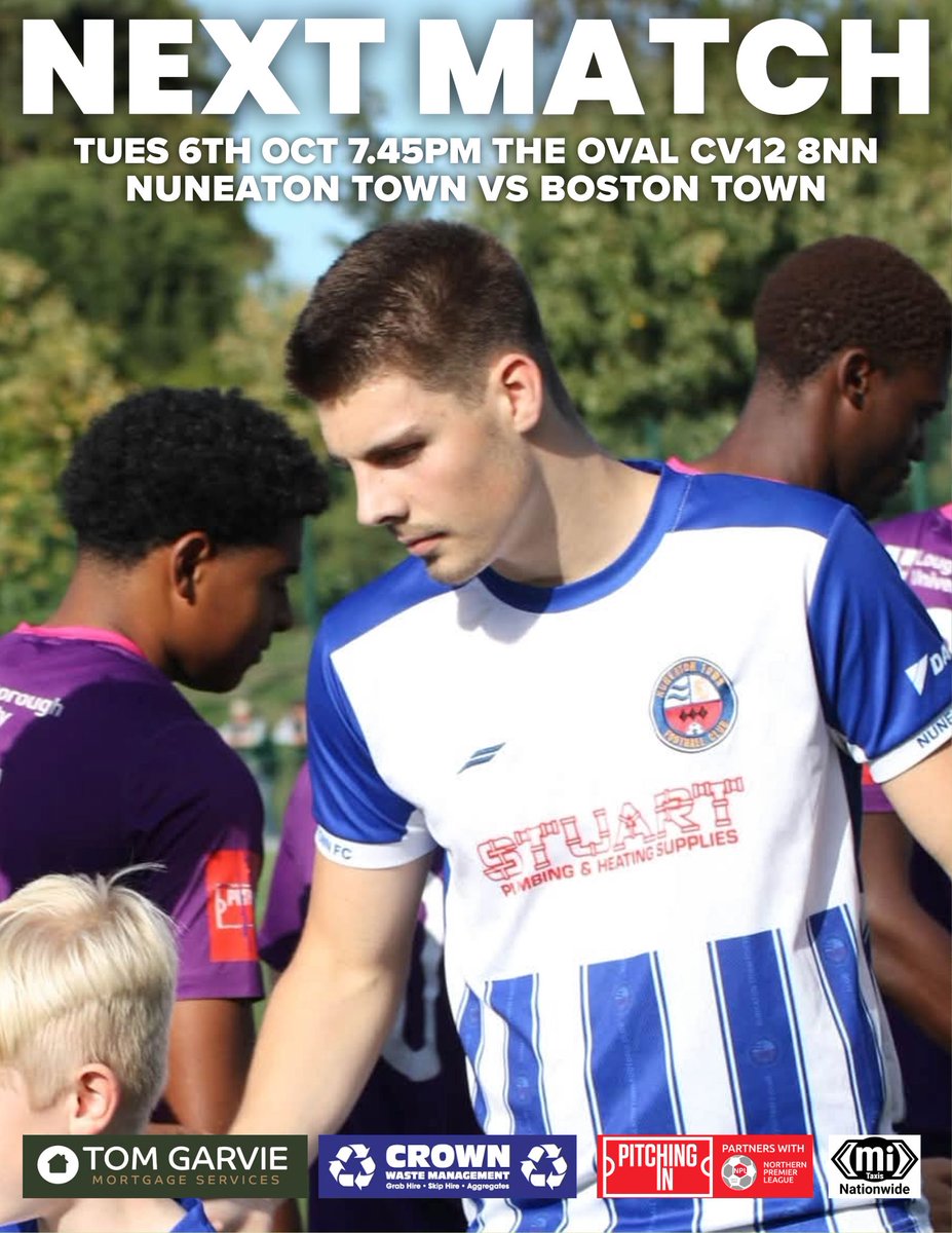NuneatonTFC's tweet photo. TOMORROW | We're back at the Oval for another league fixture, and we'll be looking to keep our good run of form going against 6th placed Boston Town. See you there!

📋 Match preview: https://t.co/Fy6l1k048d https://t.co/SOOFTYietU