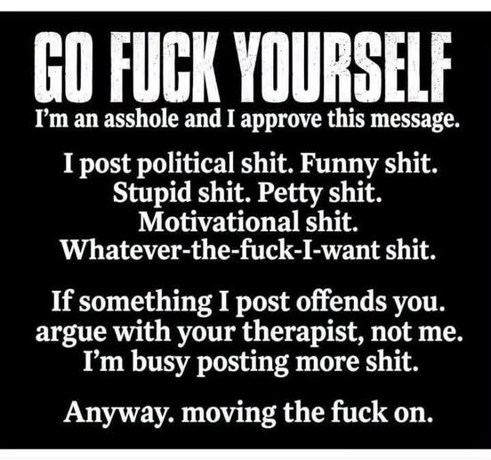 A black and white text graphic with a profanity-laced message stating 'GO FUCK YOURSELF' and declaring approval for posting various types of content.