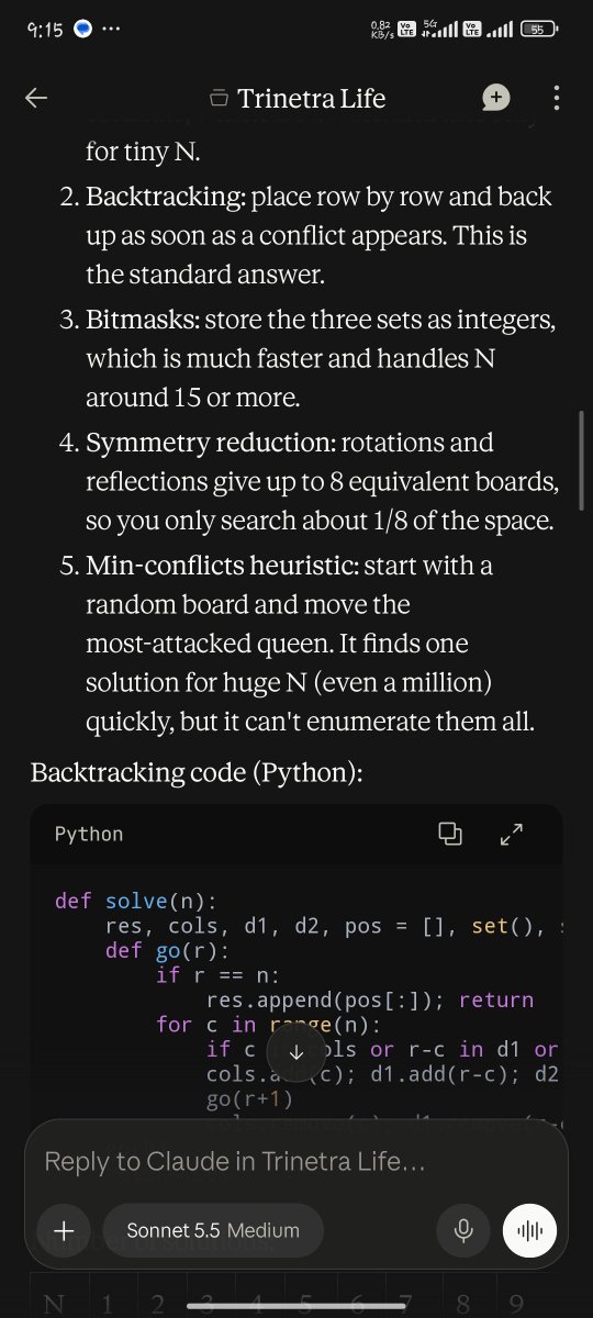 Avishkant1's tweet photo. N-Queens problem and explore all possible solutions.

What I liked is that it’s not just about getting an answer. it helps turn a topic into something you can actually explore and learn from.

Reference: https://t.co/DNIHOFgY25

#Learning #AI https://t.co/vfozLRrxkT