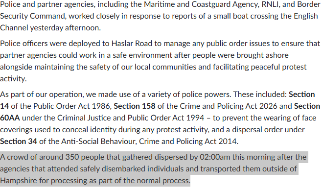Harry2671's tweet photo. @HantsPolice this part of your statement ends with "part of the normal process" - 

Can you explain to me, how disembarking onto our land, thousands of unvetted men from an alien culture and dispersing them around the country, to interact within our now at high risk communities, is anywhere close to NORMAL ?????

You have a moral duty to refuse unlawful orders, think on that.