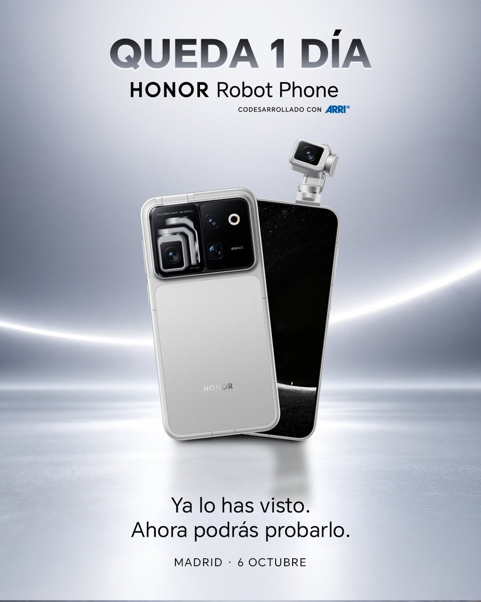 Honor_ES's tweet photo. QUEDA 1 DÍA.
Ya lo has visto.
Ahora podrás probarlo.
Madrid | 6 DE OCTUBRE
#HONORRobotPhone https://t.co/DmmFv26nCz