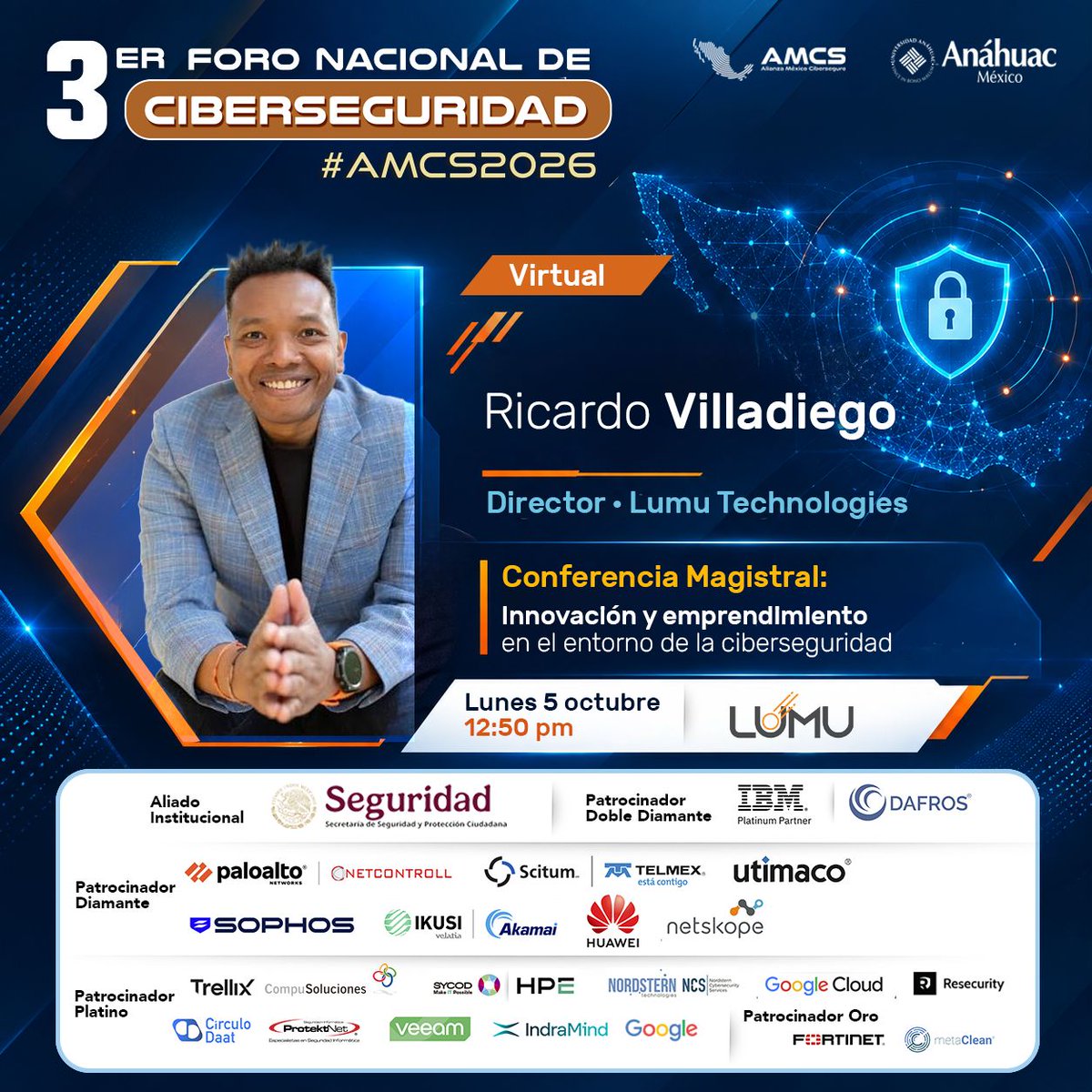 AMCS_ORG's tweet photo. 🚀🔐 Los nuevos desafíos necesitan nuevas ideas.
🎙️ CONFERENCIA MAGISTRAL
“Innovación y emprendimiento en el entorno de la ciberseguridad”
Con Ricardo Villadiego, Director de @lumutech.
🕧 12:50 h
🌐 Agenda #AMCS2026: https://t.co/7vb72QmRBO https://t.co/8Cl0bWvtNU