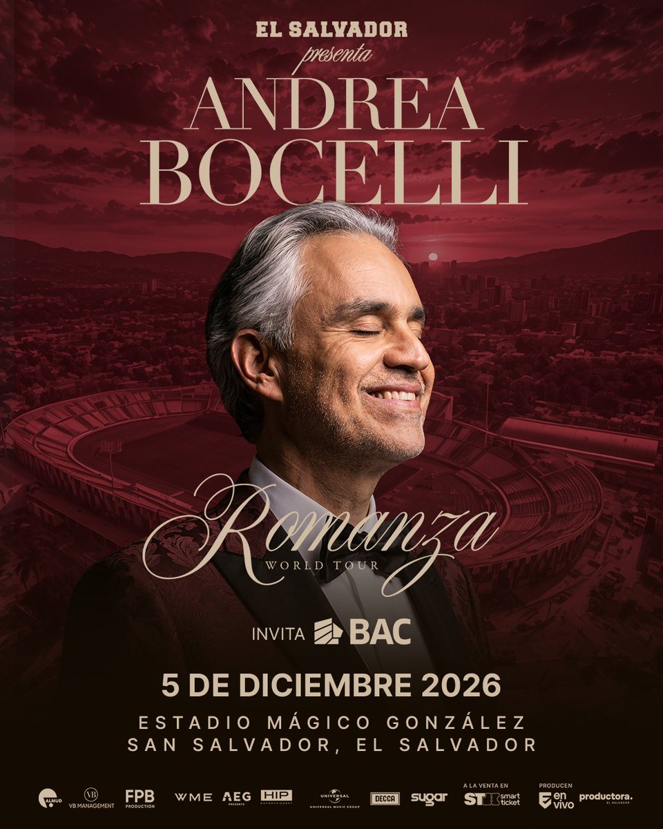 AndreaBocelli's tweet photo. PRE SALE ALERT: Social followers have first access to tickets for El Salvador starting Wednesday at 10AM local time for Maestro Andrea Bocelli’s “Romanza - 30th Anniversary World Tour” using the code “ARIA.”  

For More Info: https://t.co/zHfCa1XAgP https://t.co/tXtzjrdXOs