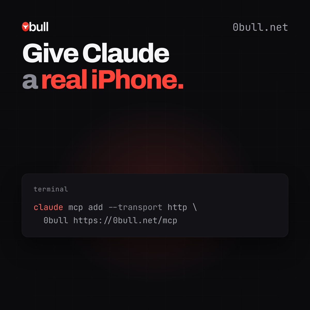 0bullnet's tweet photo. Give Claude a real iPhone in 3 steps:

1) Add our MCP server (the command is in the image)
2) Approve it in your browser
3) Ask it for a snapshot of your phone

It sees the screen, taps and types. In clients with MCP Apps, the snapshot now shows right in the chat. https://t.co/3E5YzyONnB