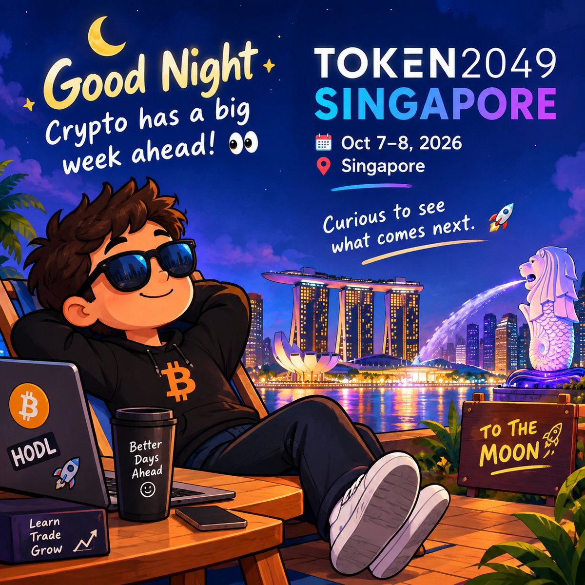 md5882008's tweet photo. Good night 🌙 Crypto has a big week ahead! 👀 TOKEN2049 Singapore kicks off Oct 7–8. Curious to see what comes next. 🚀 #Crypto #Web3 #TOKEN2049. https://t.co/Xk3O6MNP2c