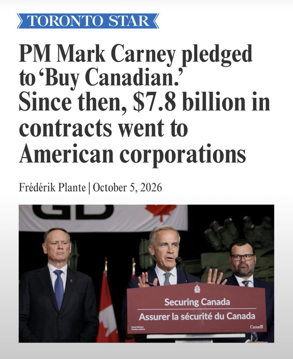 MarcNixon24's tweet photo. 🚨 ELBOWS UP GOT PLAYED.

Carney promised BUY CANADIAN.

Now the Toronto Star reports $7.8 BILLION in contracts went to American corporations.

The slogan was Canadian.

The cheques were American. 🇺🇸

Will Elbows Up forgive him? https://t.co/4AreWbIw6R
