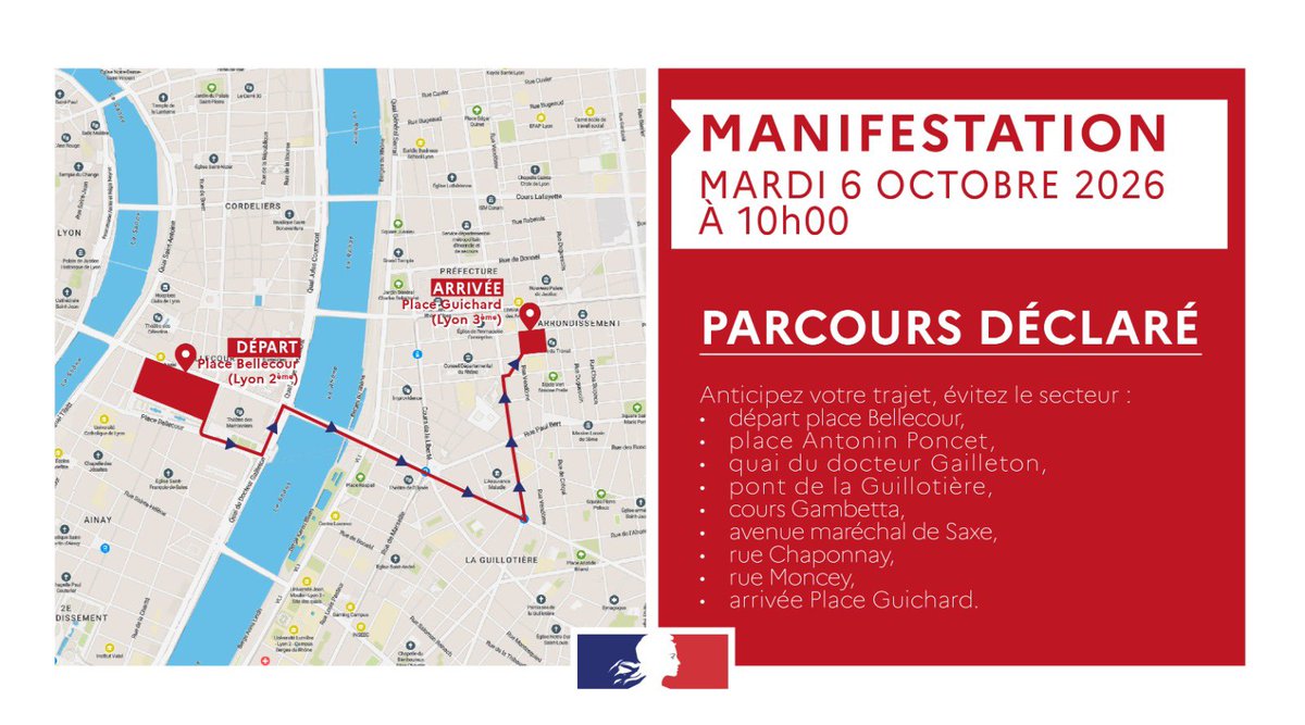 Image de Préfet de région Auvergne-Rhône-Alpes et du Rhône - #OrdrePublic
Une manifestation déclarée aura lieu à #Lyon demain mardi 6 octobre à partir de 10h00